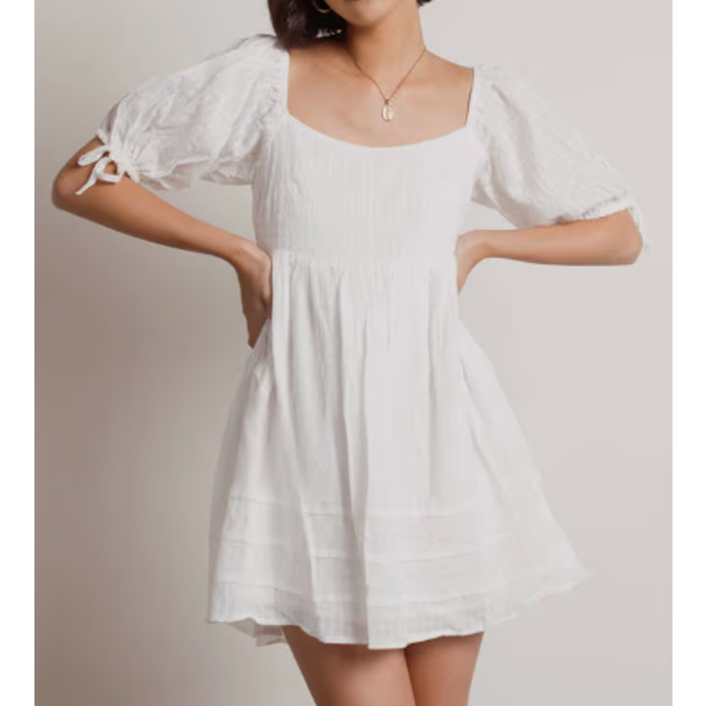 Showpo Puff Sleeve Babydoll Mini Dress US 8 White Open Back Gauzy Textured